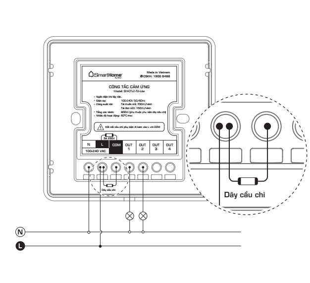 Sơ đồ đấu nối công tắc cảm ứng 2 kênh BKAV Smarthome