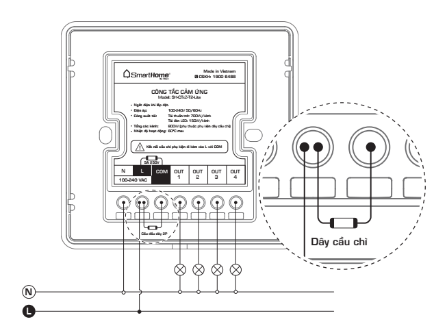 So đồ đấu nối Công tắc cảm ứng 4 kênh Bkav smarthome