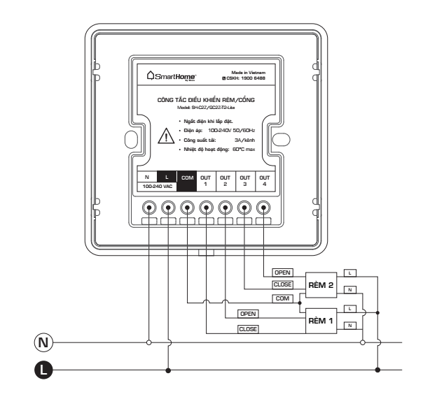 Sơ đồ đấu nối tiếp điểm khô công tắc rèm thông minh BKAV Smarthome