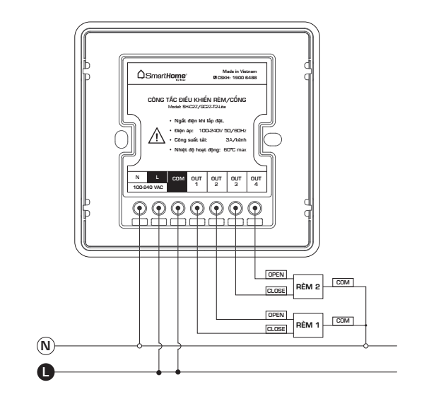 Sơ đồ đấu nối tiếp điểm ướt (điện áp 220V) công tắc rèm thông minh BKAV Smarthome